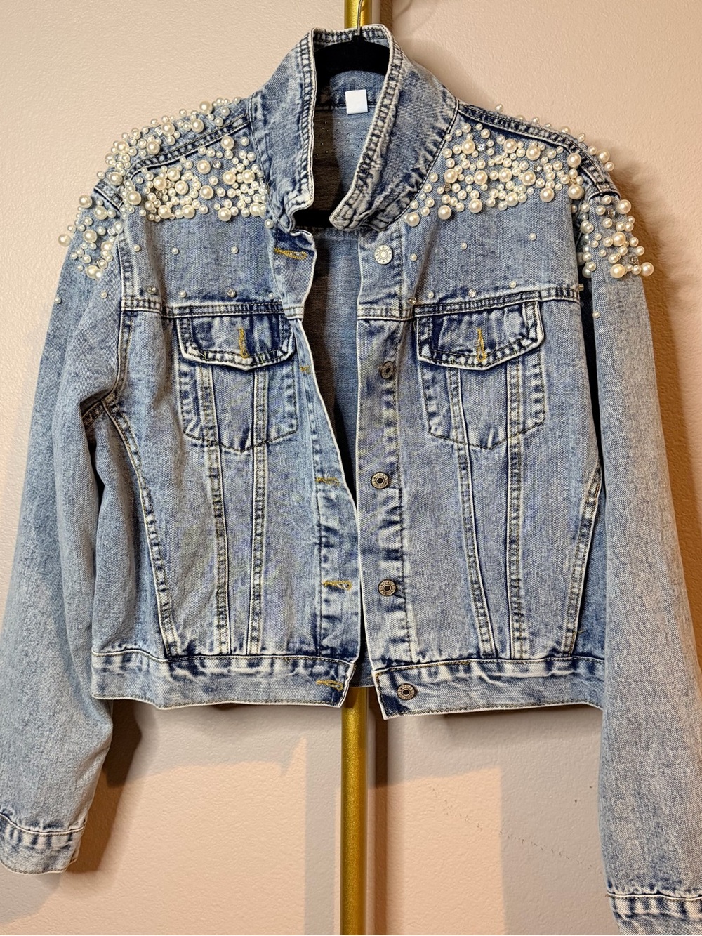Amazon Women's Light Blue Denim Jacket with Pearl Shoulder Embellishments